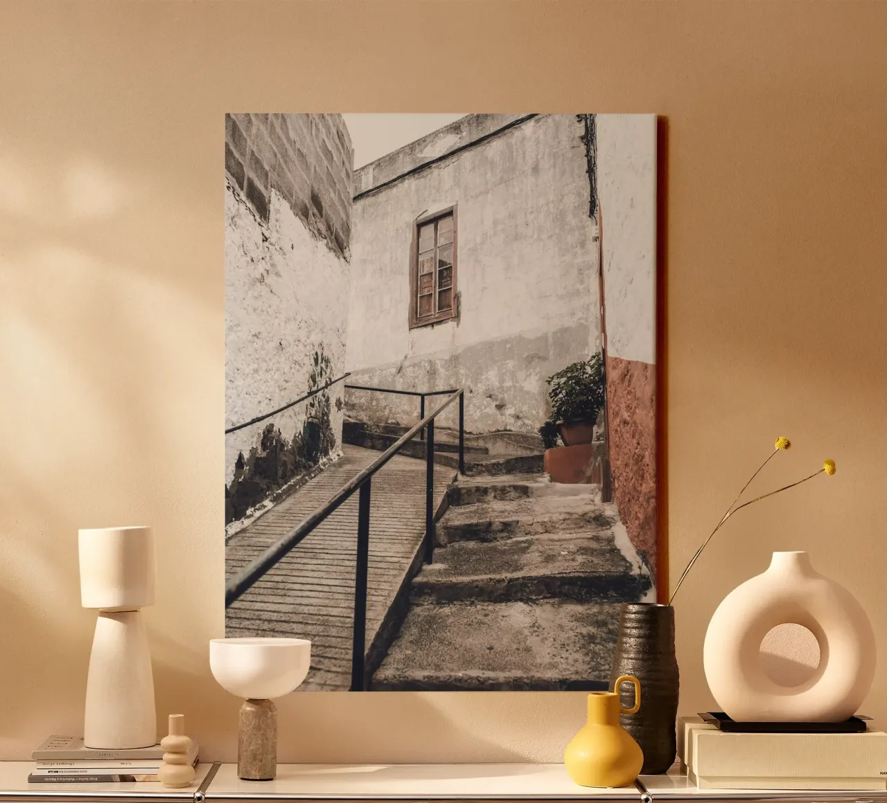Rustic alleyway art - vintage architecture canvas with Floater frame by Whole©