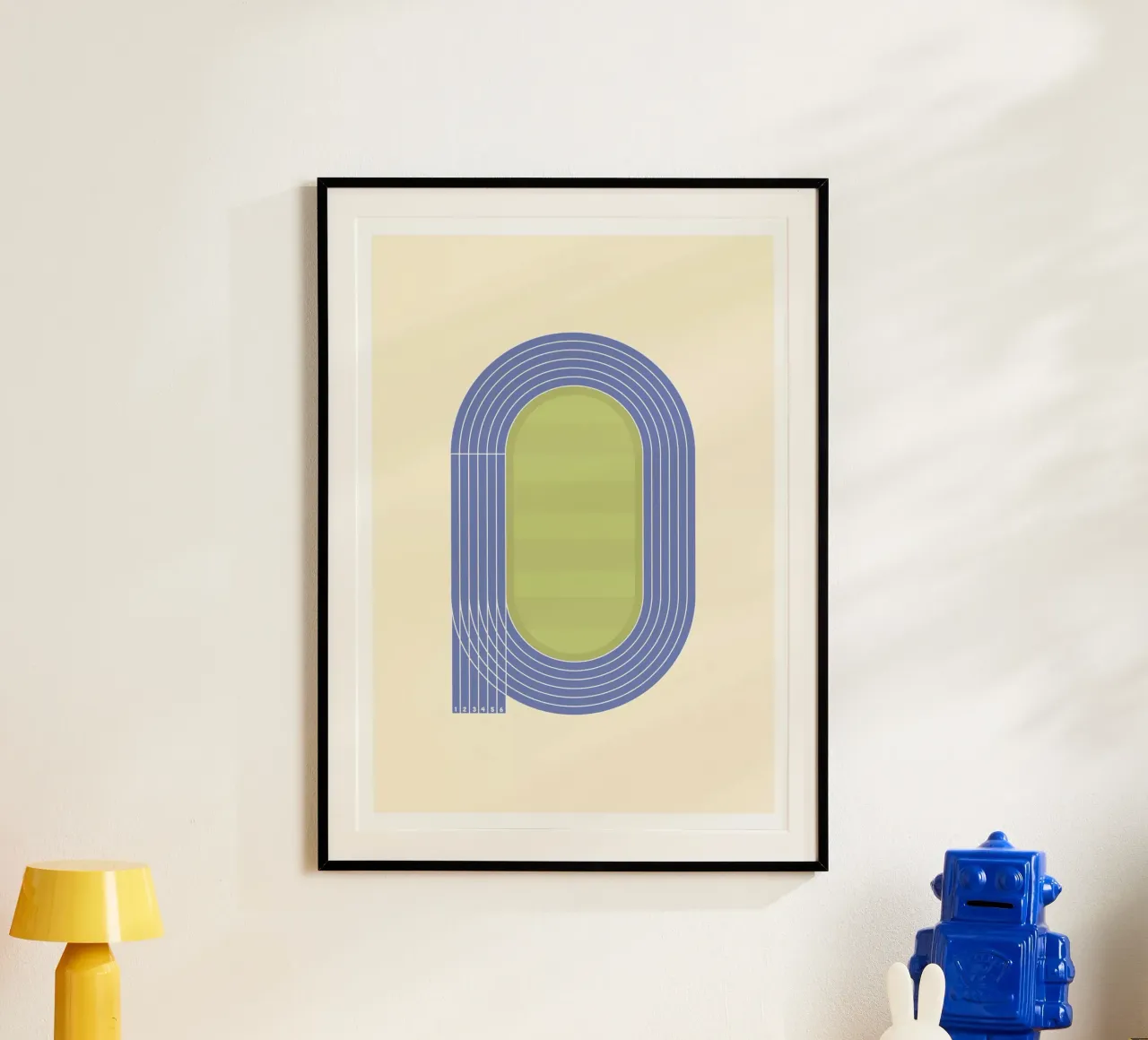 Illustrazione della carriera in blu poster con telaio in legno da athlete.art