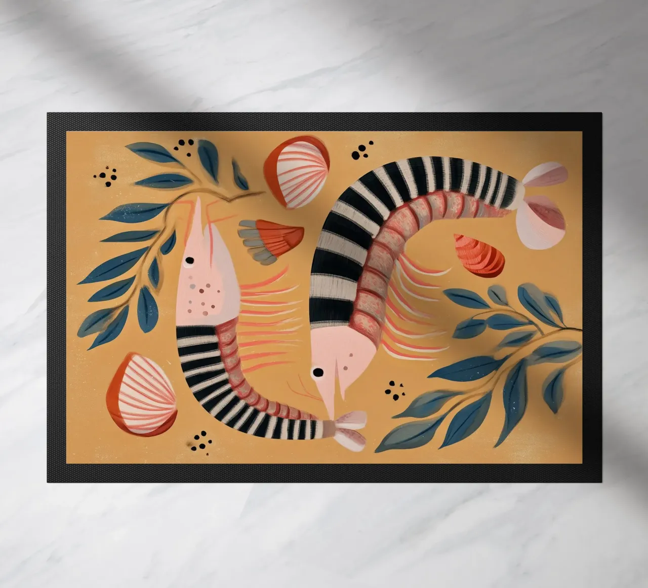 Dancing Shrimp doormat by Sienna Atelier