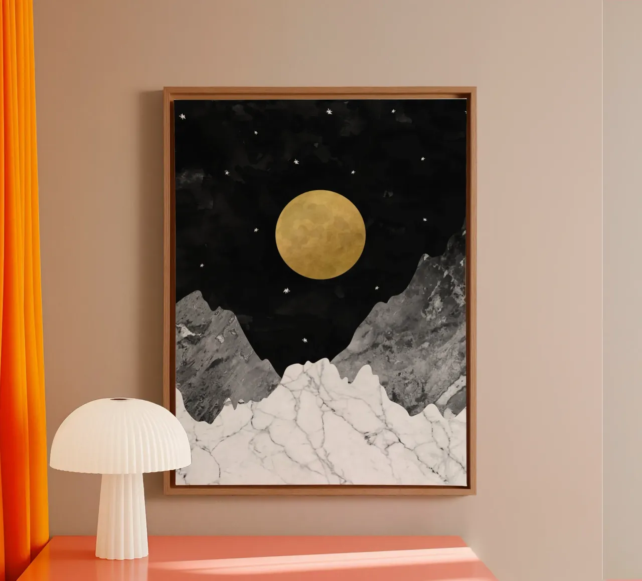 Gouden Maan over Marmeren Pieken - Abstracte Nachtlucht Kunst canvas met Baklijst van kookiepixel