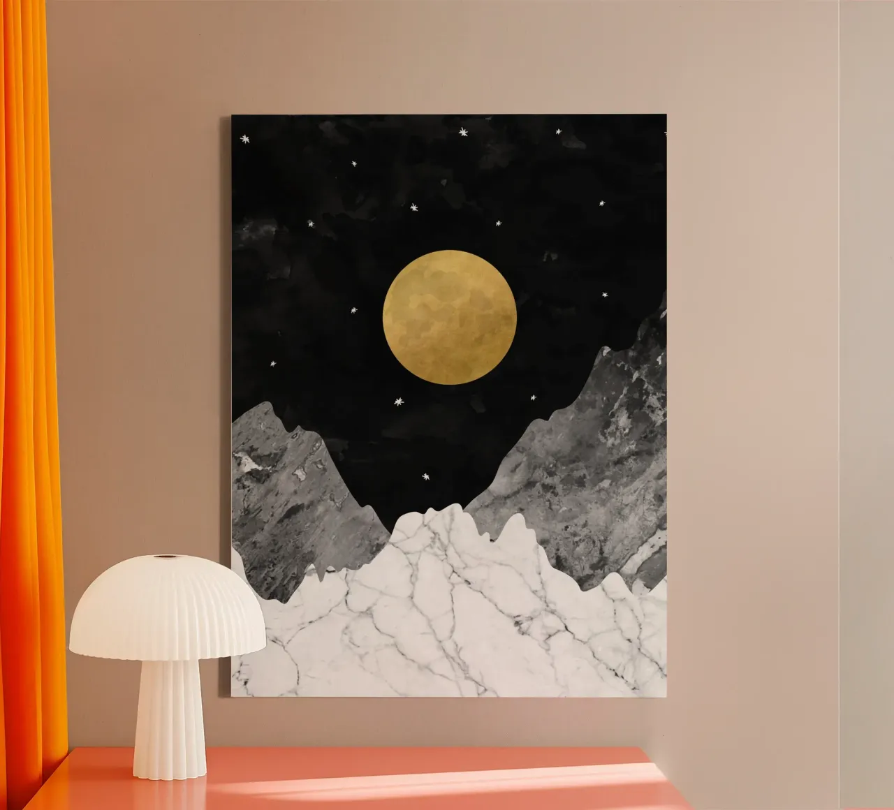Gouden Maan over Marmeren Pieken - Abstracte Nachtlucht Kunst canvas met Baklijst van kookiepixel
