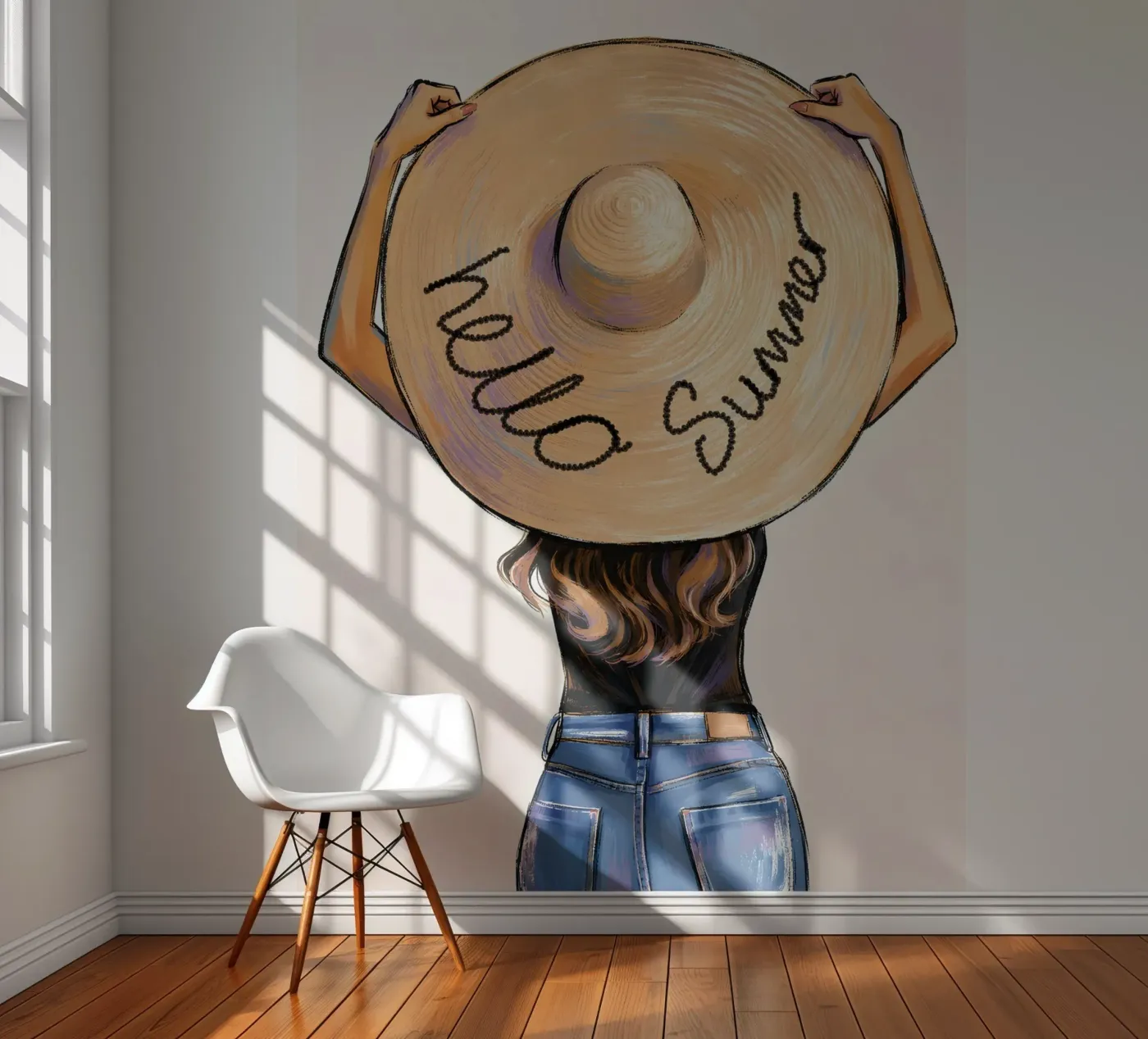BONJOUR L'ÉTÉ - UNE FEMME AVEC UN GRAND CHAPEAU DE SOLEIL papier peint photo de ARTOMATIC