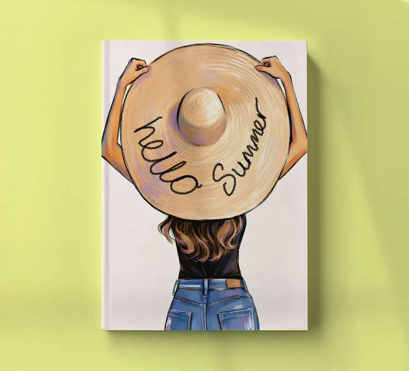 WOMAN WEARING HELLO SUMMER HAT notebook by ARTOMATIC