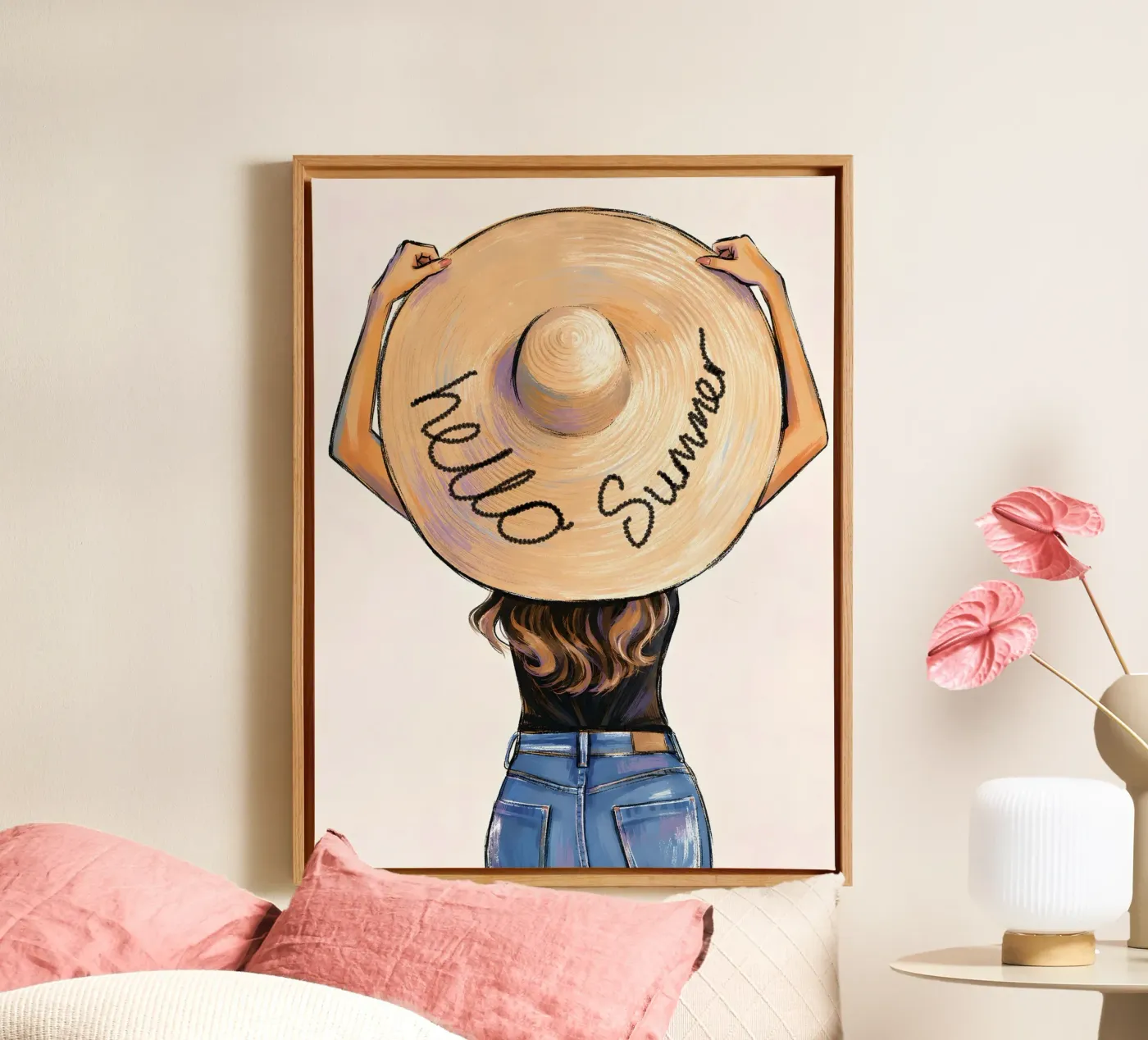 HELLO SUMMER - WOMAN IN BIG SUN HAT canvas van ARTOMATIC