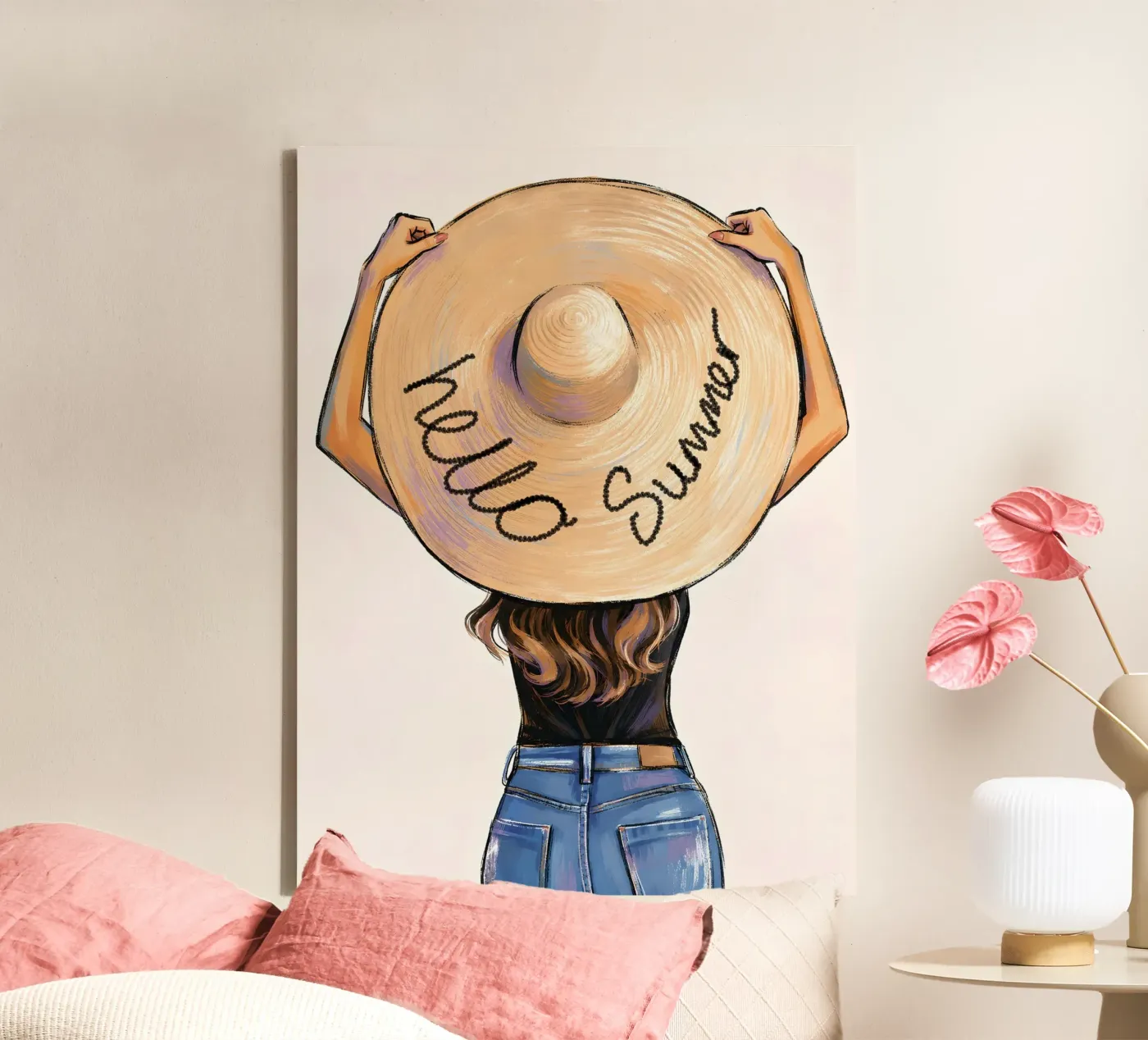 HELLO SUMMER - WOMAN IN BIG SUN HAT canvas van ARTOMATIC