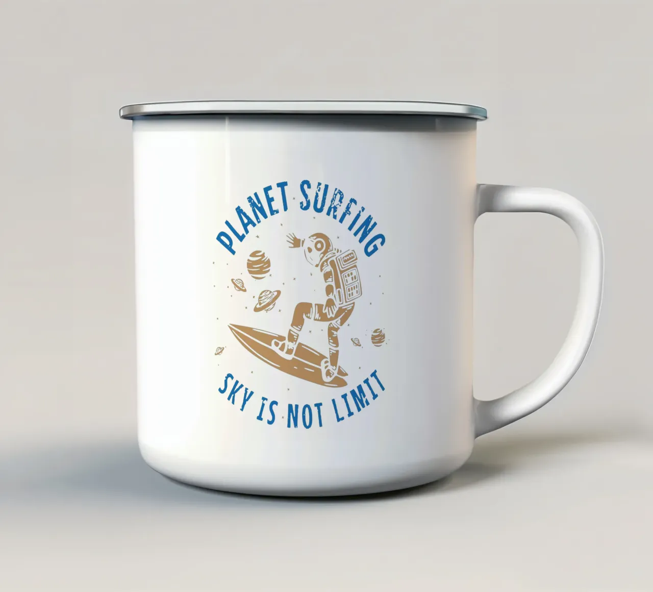 PLANET SURFING SKY IS NOT LIMIT Emaille Tasse von Gunawan Rb