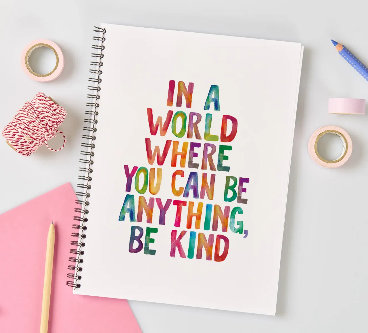 In a World Where You Can Be Anything Be Kind Typografie spiral notebook by THE MOTIVATED TYPE