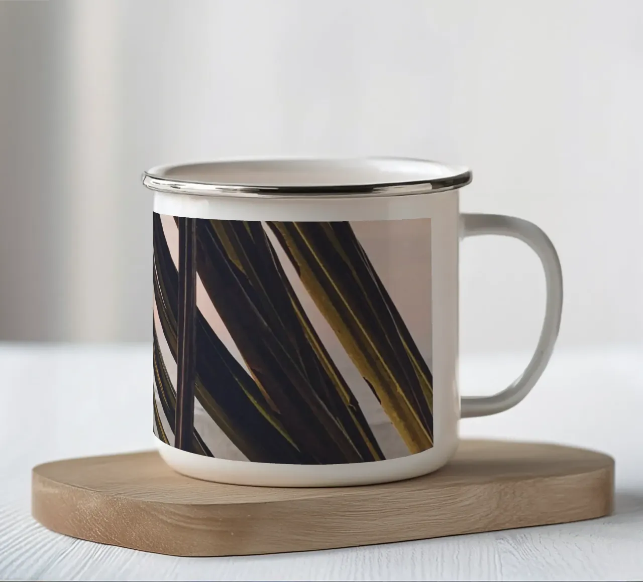 Tropical beach picture - Palm leaf in the sunset enamel mug by Whole©