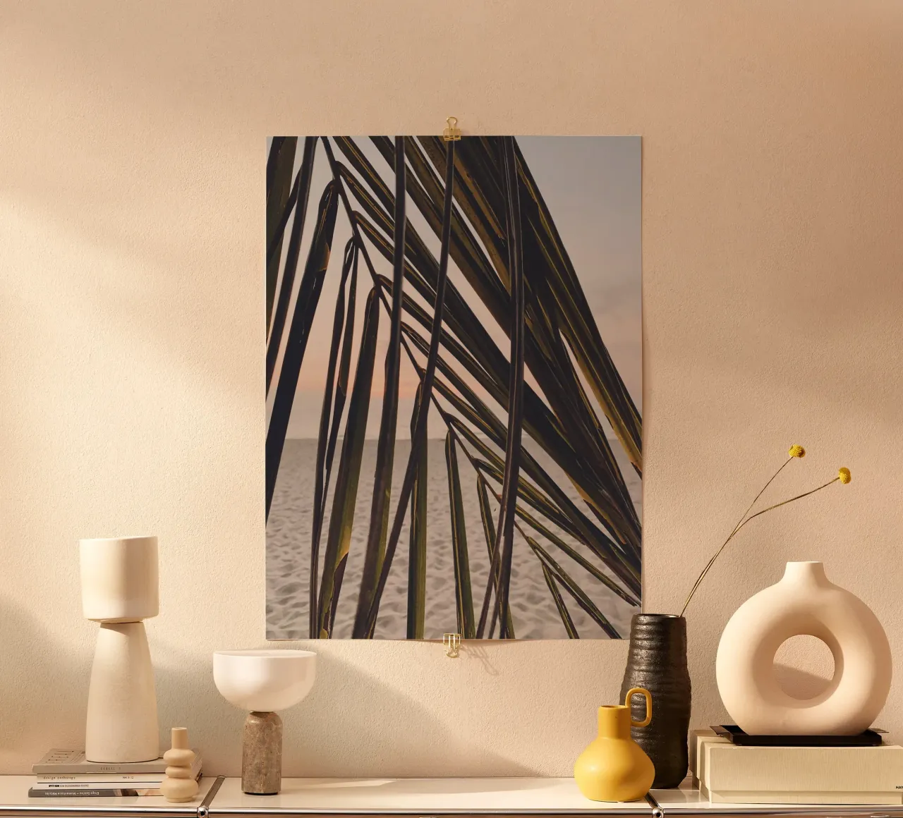Tropisch strand - Palmblad in de zonsondergang poster van Whole©