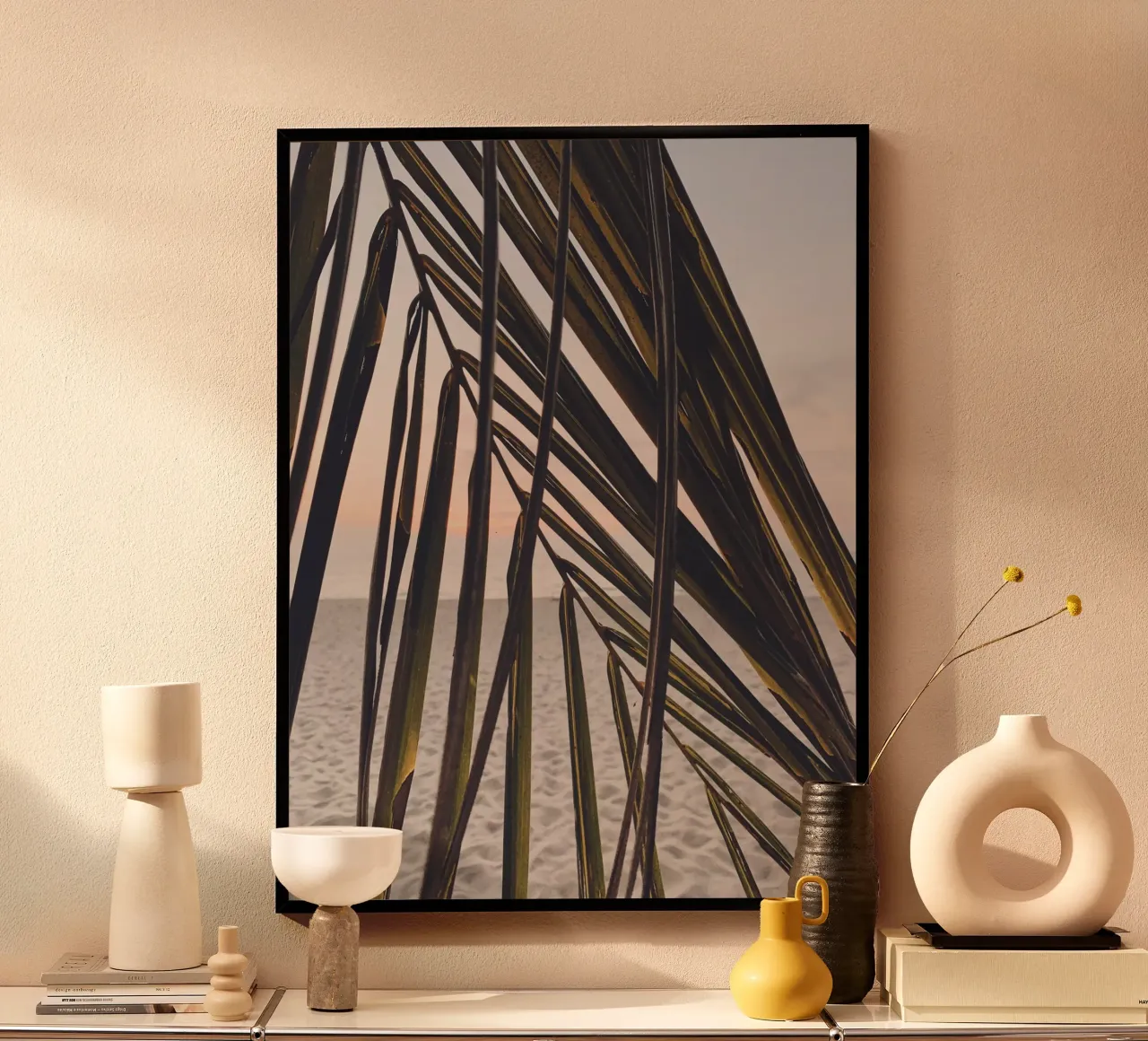 Tropisch strand - Palmblad in de zonsondergang poster van Whole©