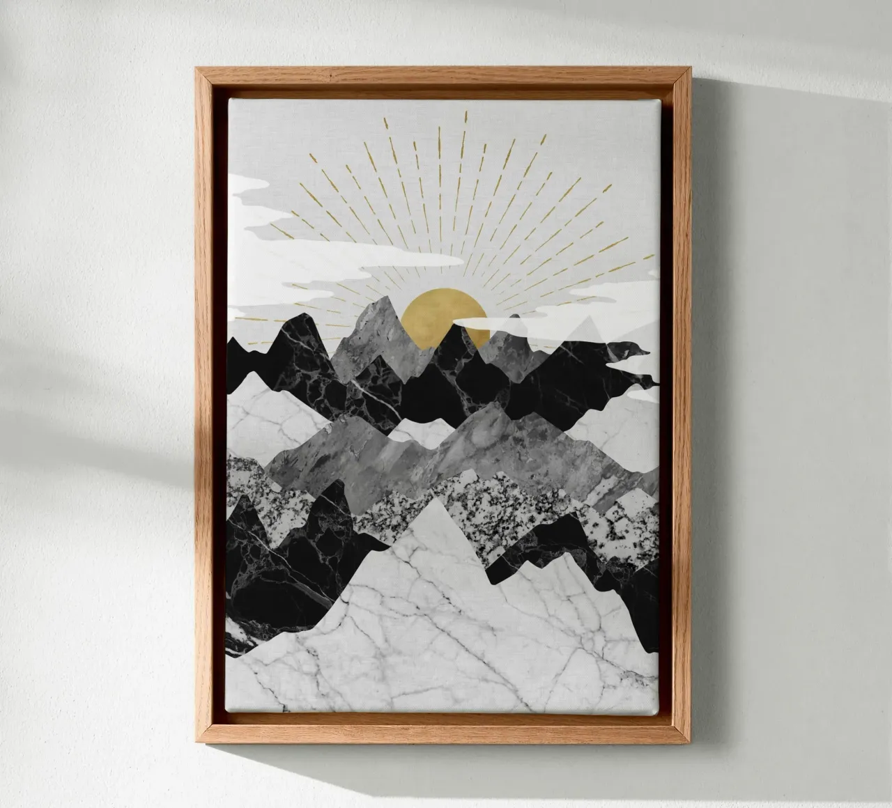 Gouden zonsopgang over marmeren bergen - Abstract landschap canvas met Baklijst van kookiepixel