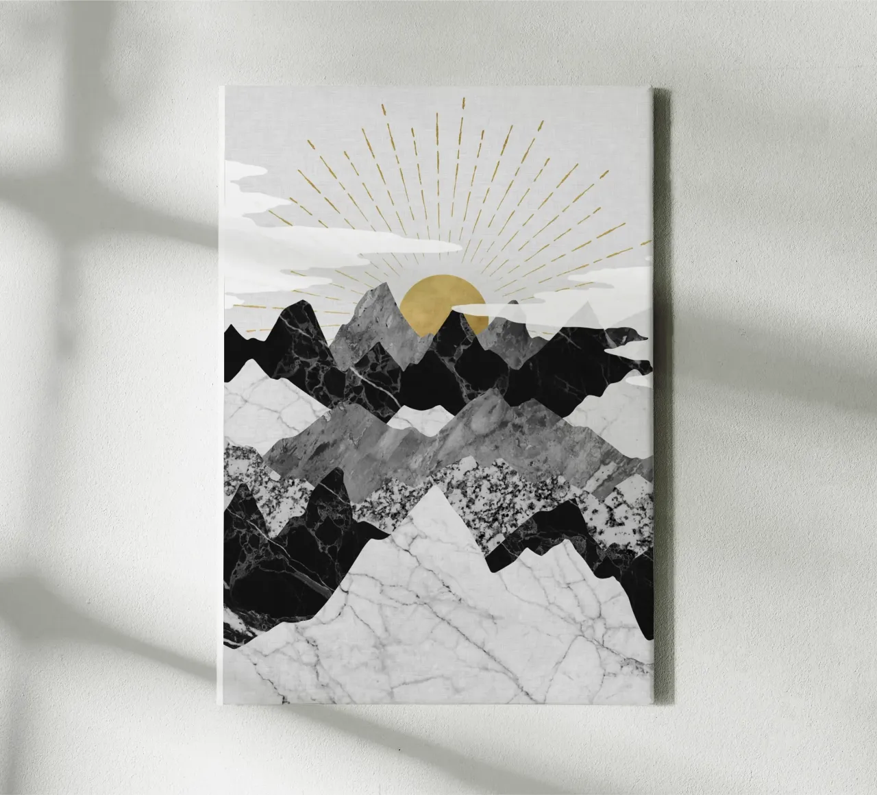 Gouden zonsopgang over marmeren bergen - Abstract landschap canvas met Baklijst van kookiepixel