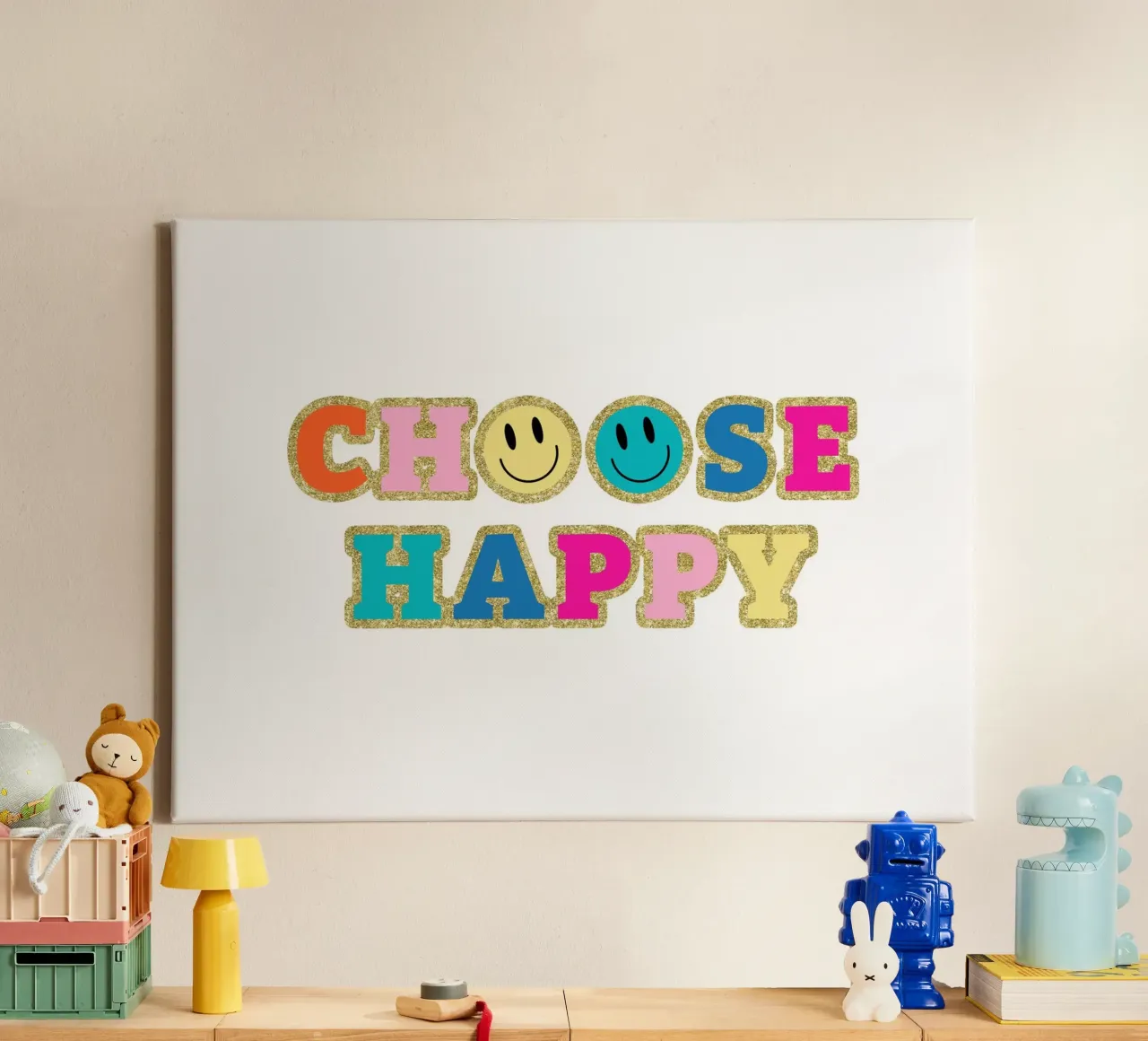 Wählen Sie Happy Leinwand mit Schattenfugenrahmen von cafelab