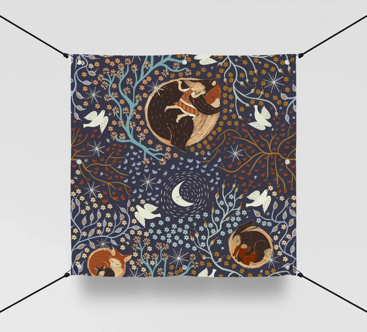 Dreamy Night Pattern: Sleeping Animals, Moon, Stars, magic telo in pvc da Studio Patruschka