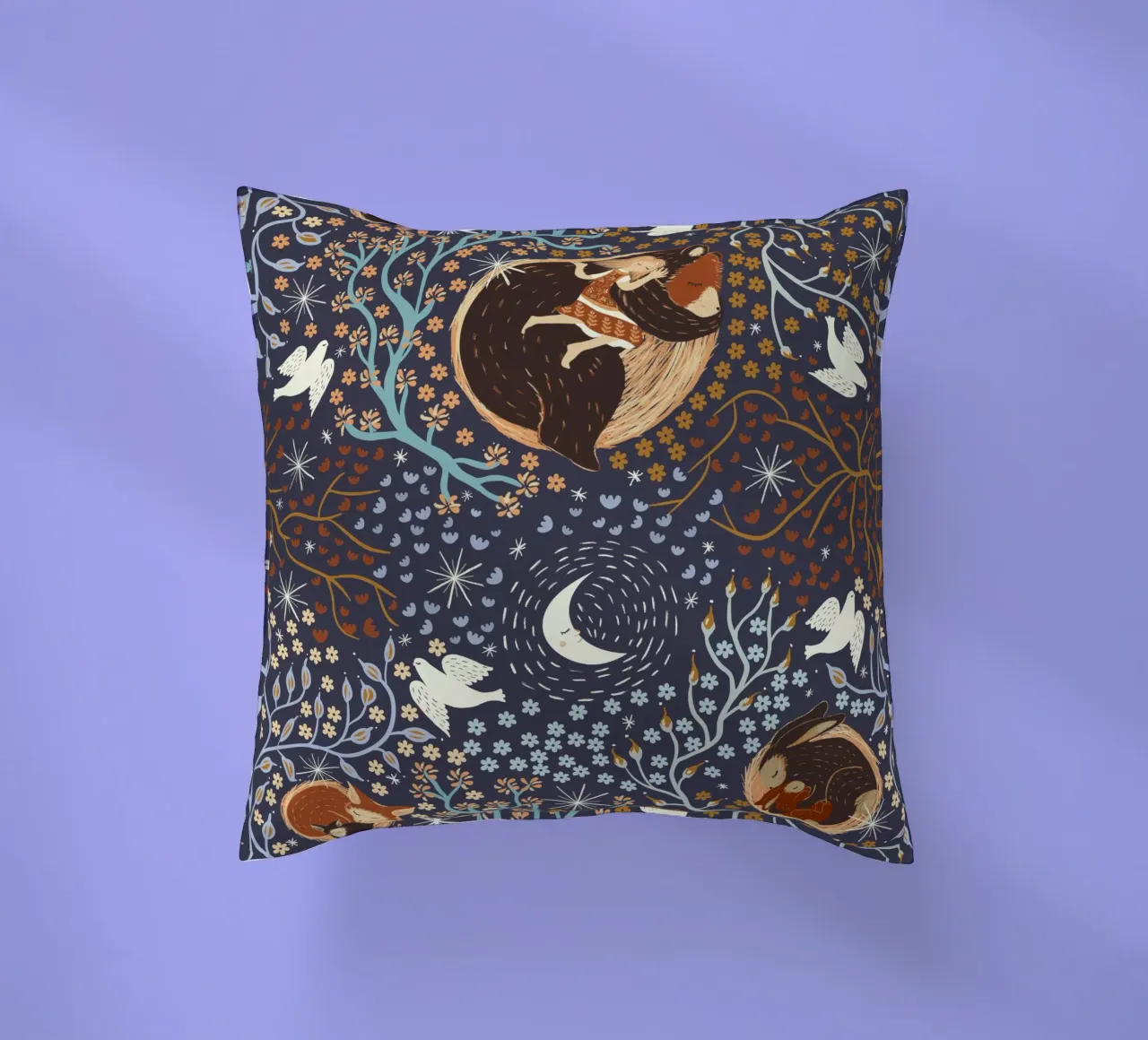 Dreamy Night Pattern: Sleeping Animals, Moon, Stars, magic cuscino da Studio Patruschka