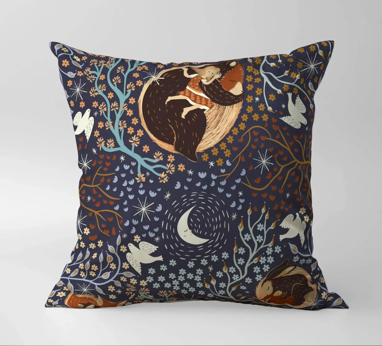 Dreamy Night Pattern: Sleeping Animals, Moon, Stars, magic cuscino da Studio Patruschka