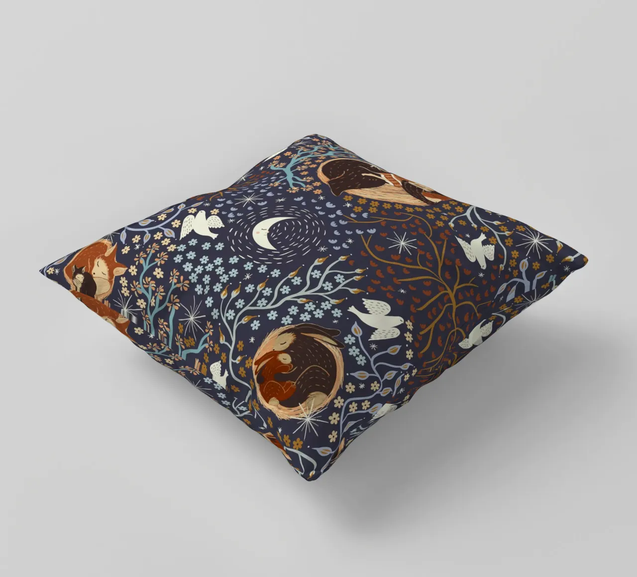 Dreamy Night Pattern: Sleeping Animals, Moon, Stars, magic cuscino da Studio Patruschka