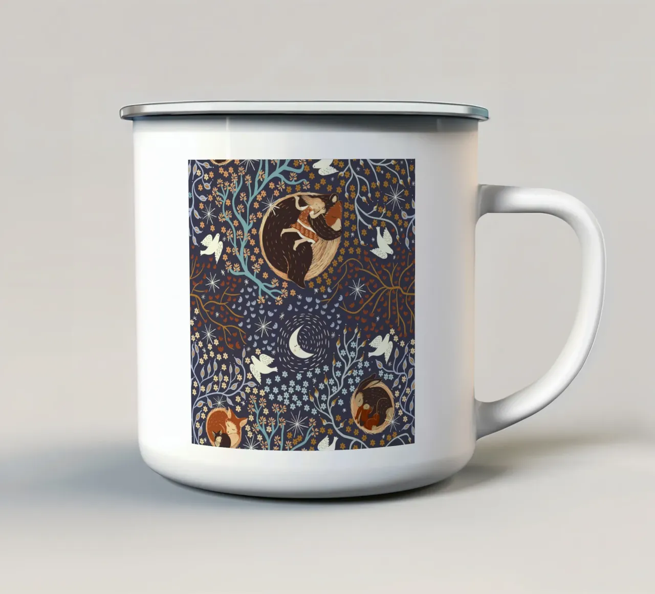 Dreamy Night Pattern: Sleeping Animals, Moon, Stars, magic tazza in smalto da Studio Patruschka