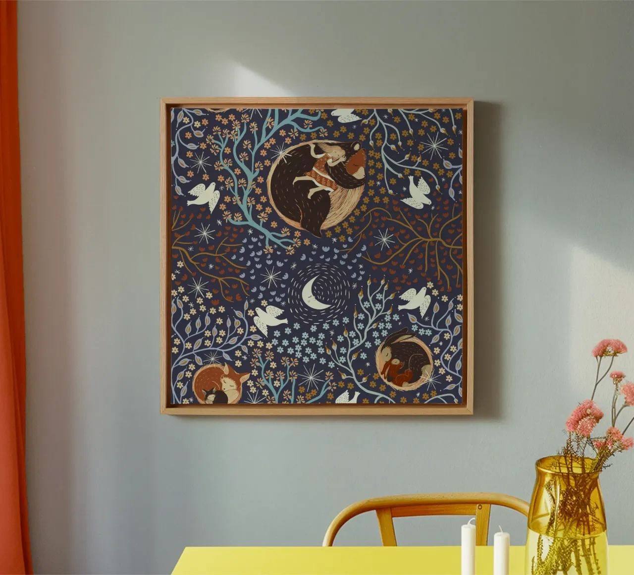Dreamy Night Pattern: Sleeping Animals, Moon, Stars, magic canvas with Floater frame by Studio Patruschka