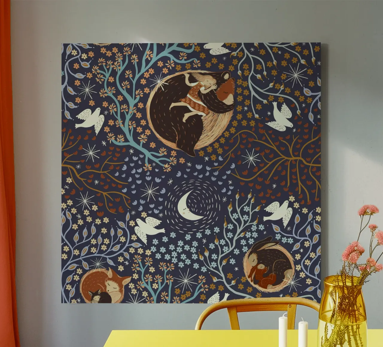 Dreamy Night Pattern: Sleeping Animals, Moon, Stars, magic canvas with Floater frame by Studio Patruschka