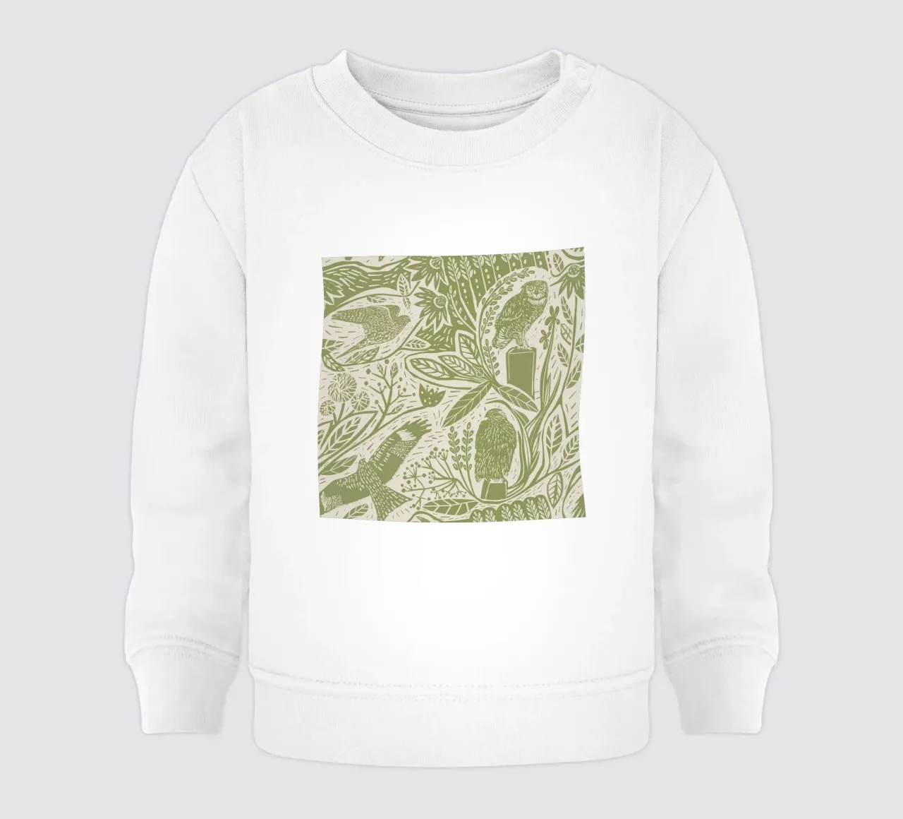 Aves rapaces en linograbado: halcones, búhos, flores y hierbas en M sudadera de bebé de Studio Patruschka