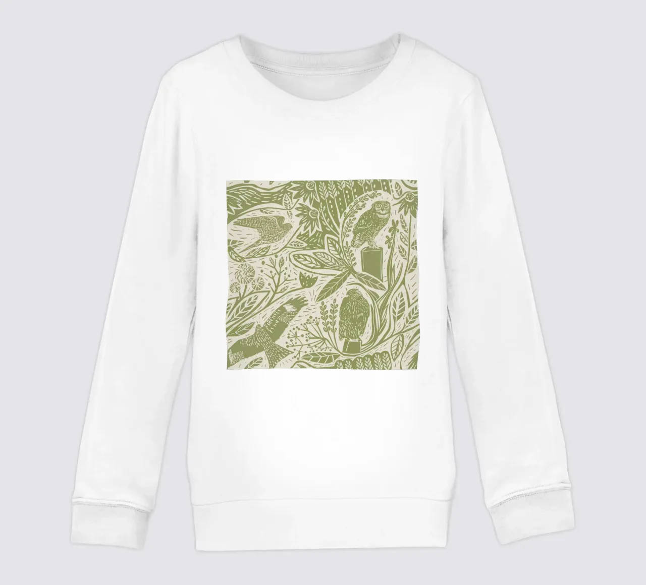 Linocut Birds of Prey: Falchi, gufi, fiori ed erbe in M felpa bambino da Studio Patruschka
