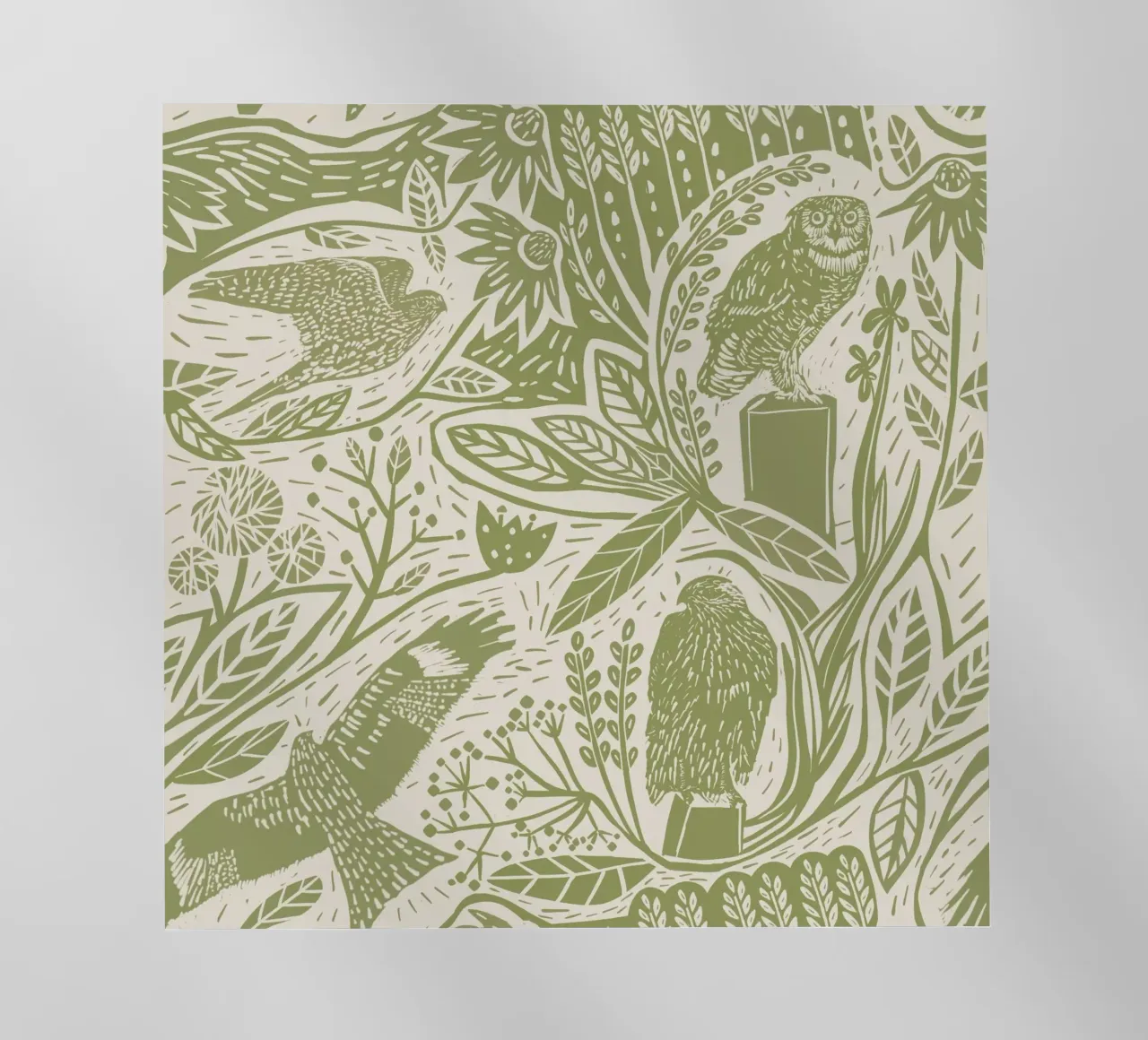 Linocut Birds of Prey: Falchi, gufi, fiori ed erbe in M pellicola backlit da Studio Patruschka