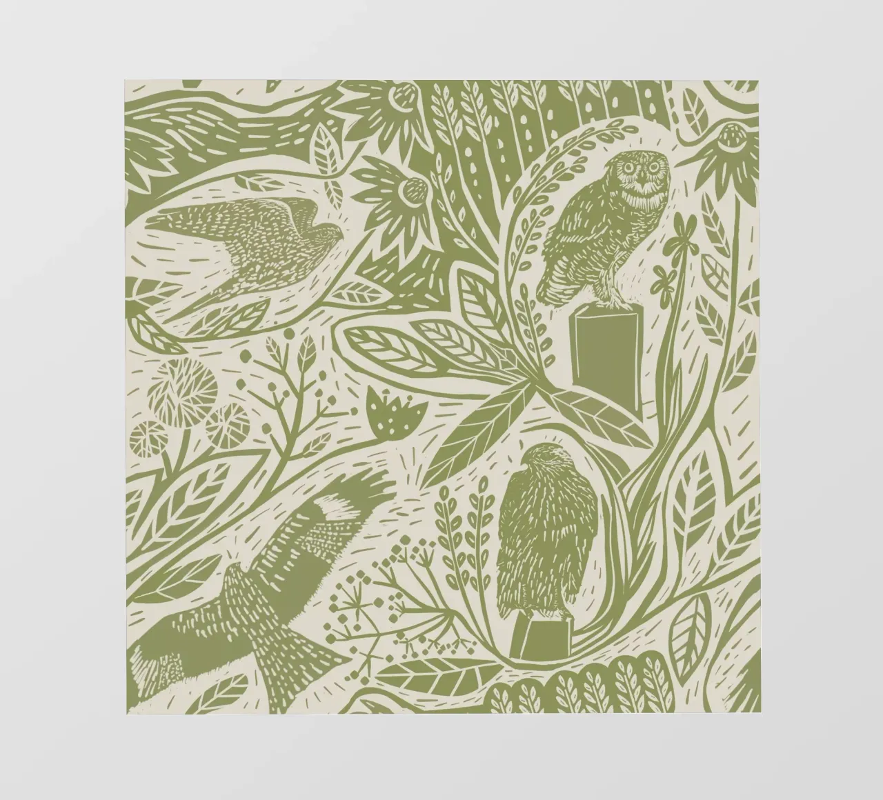 Linocut Birds of Prey: Falchi, gufi, fiori ed erbe in M pellicola backlit da Studio Patruschka