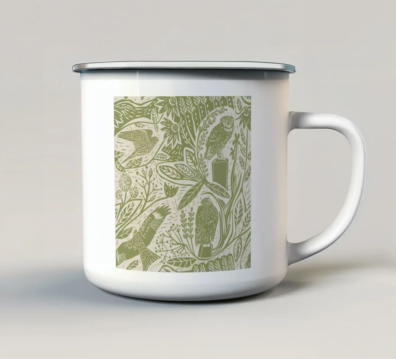 Linocut Birds of Prey: Falchi, gufi, fiori ed erbe in M tazza in smalto da Studio Patruschka