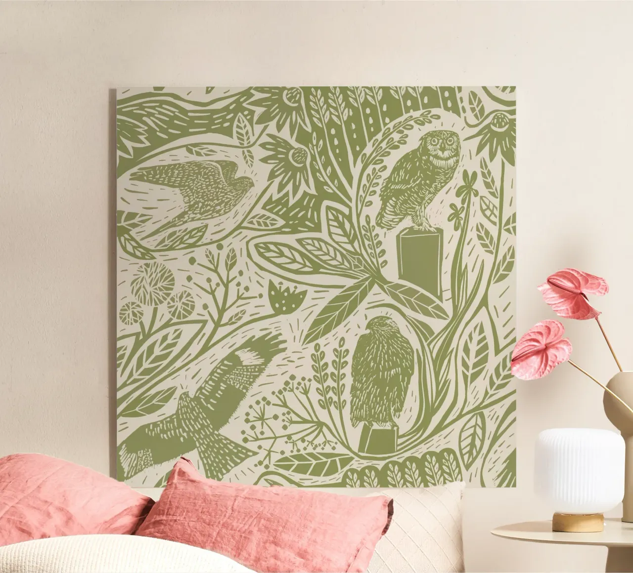Aves rapaces en linograbado: halcones, búhos, flores y hierbas en M metacrilato de Studio Patruschka