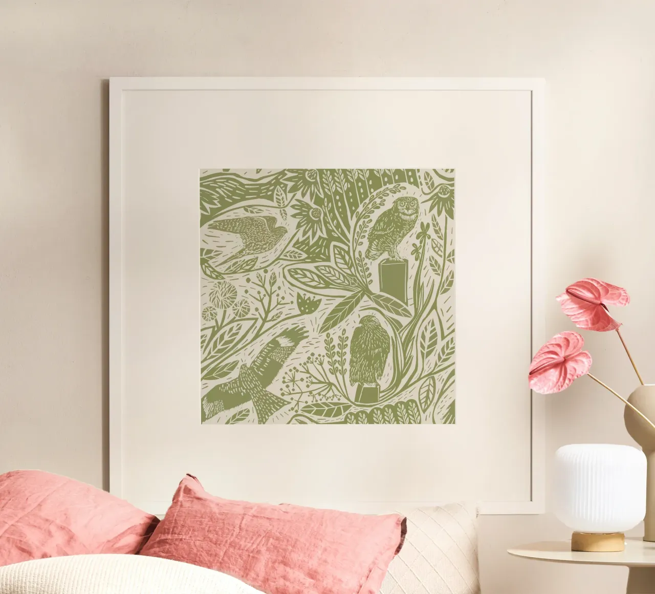 Raubvögel im Linolschnitt: Falken, Eulen, Blumen und Gräser in M Poster mit Aluminium Rahmen von Studio Patruschka