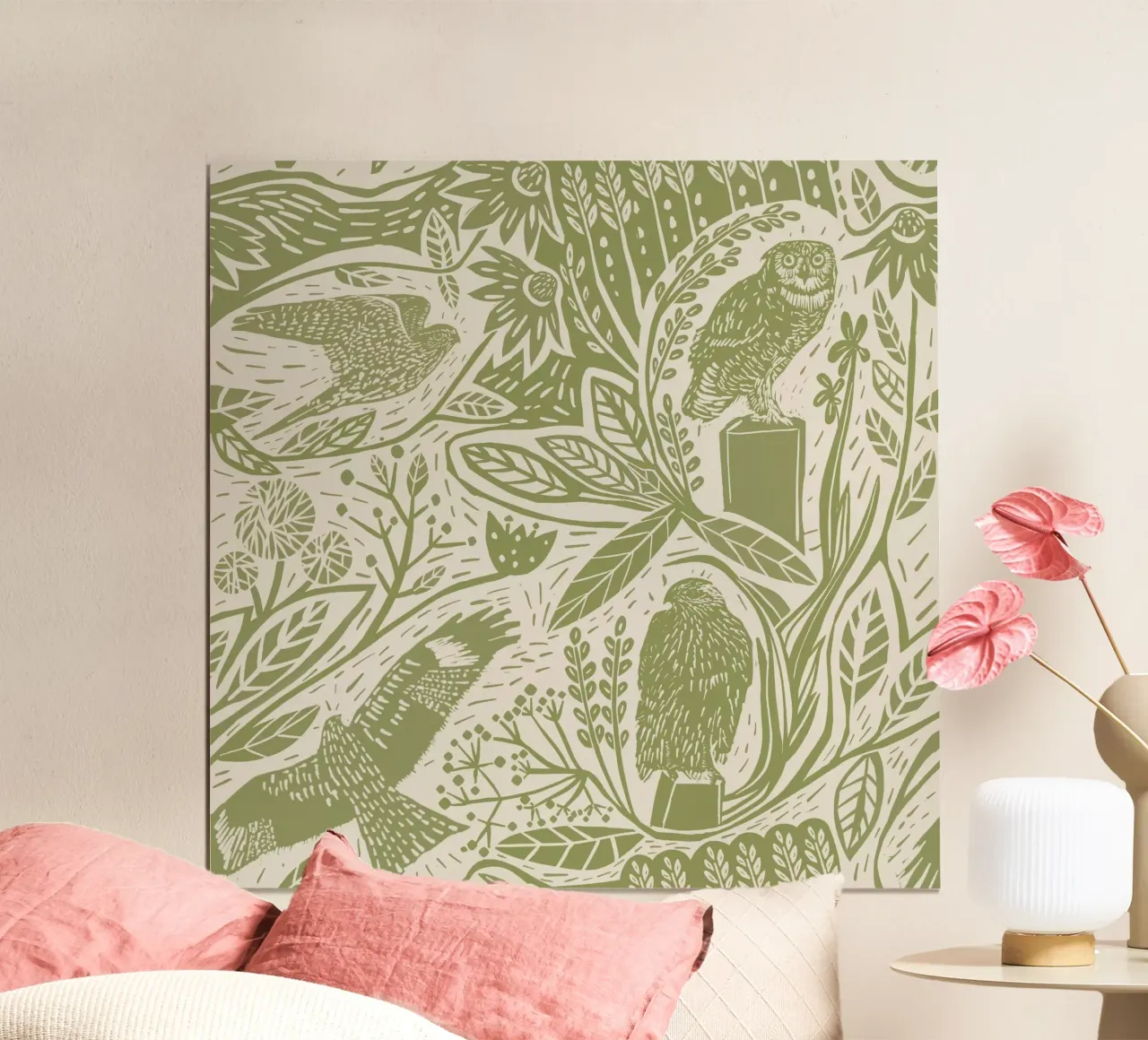 Raubvögel im Linolschnitt: Falken, Eulen, Blumen und Gräser in M Poster mit Aluminium Rahmen von Studio Patruschka