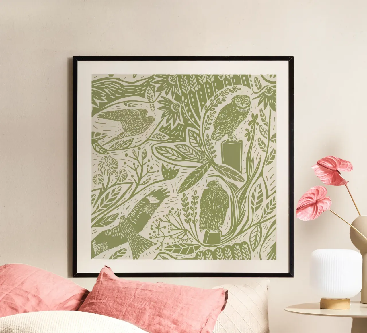 Raubvögel im Linolschnitt: Falken, Eulen, Blumen und Gräser in M Poster mit Aluminium Rahmen von Studio Patruschka