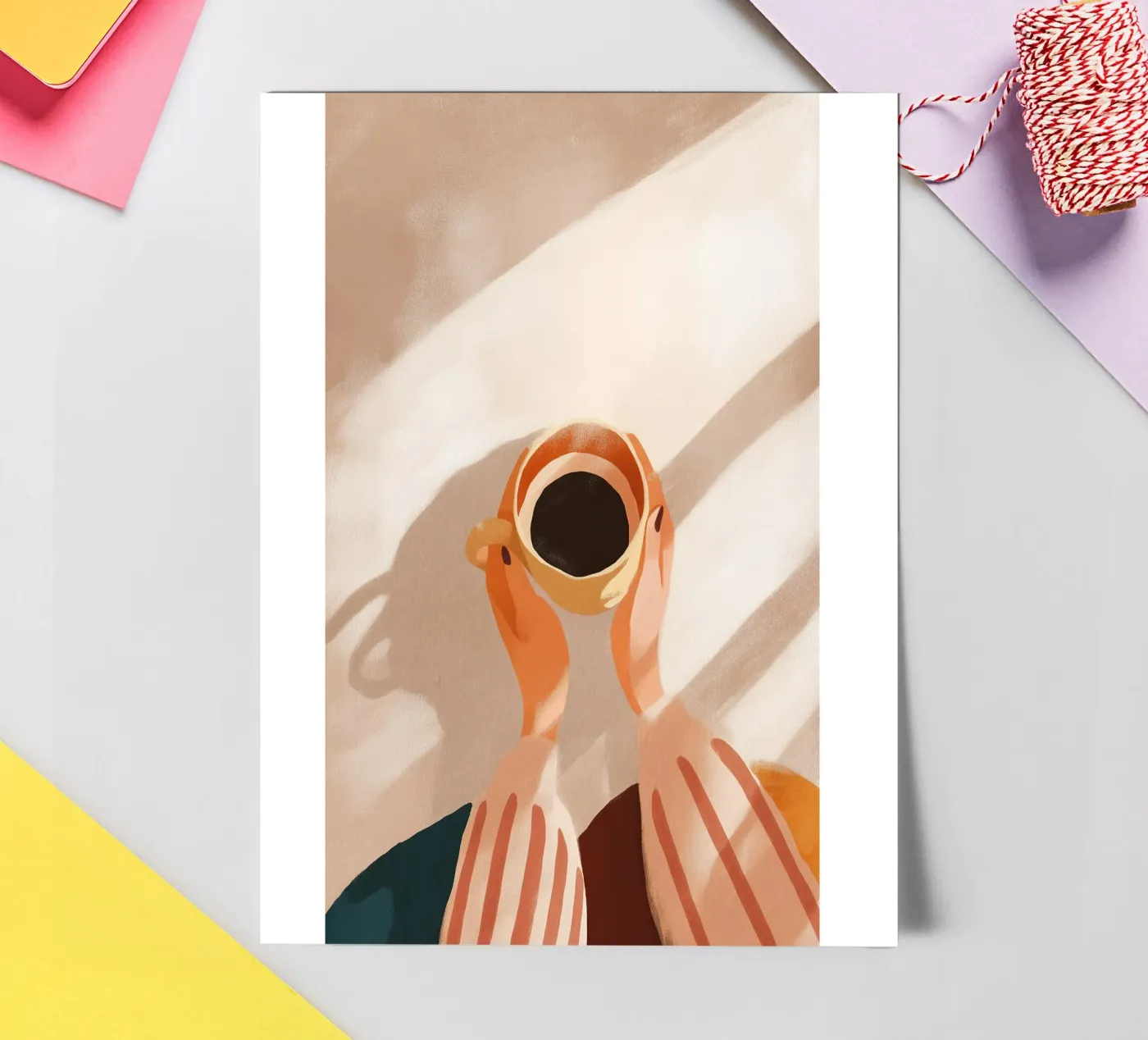 Rituale del caffè mattutino: mani artistiche che reggono una tazza in una luce soffusa foglio adesivo da Holiday Hearth Prints