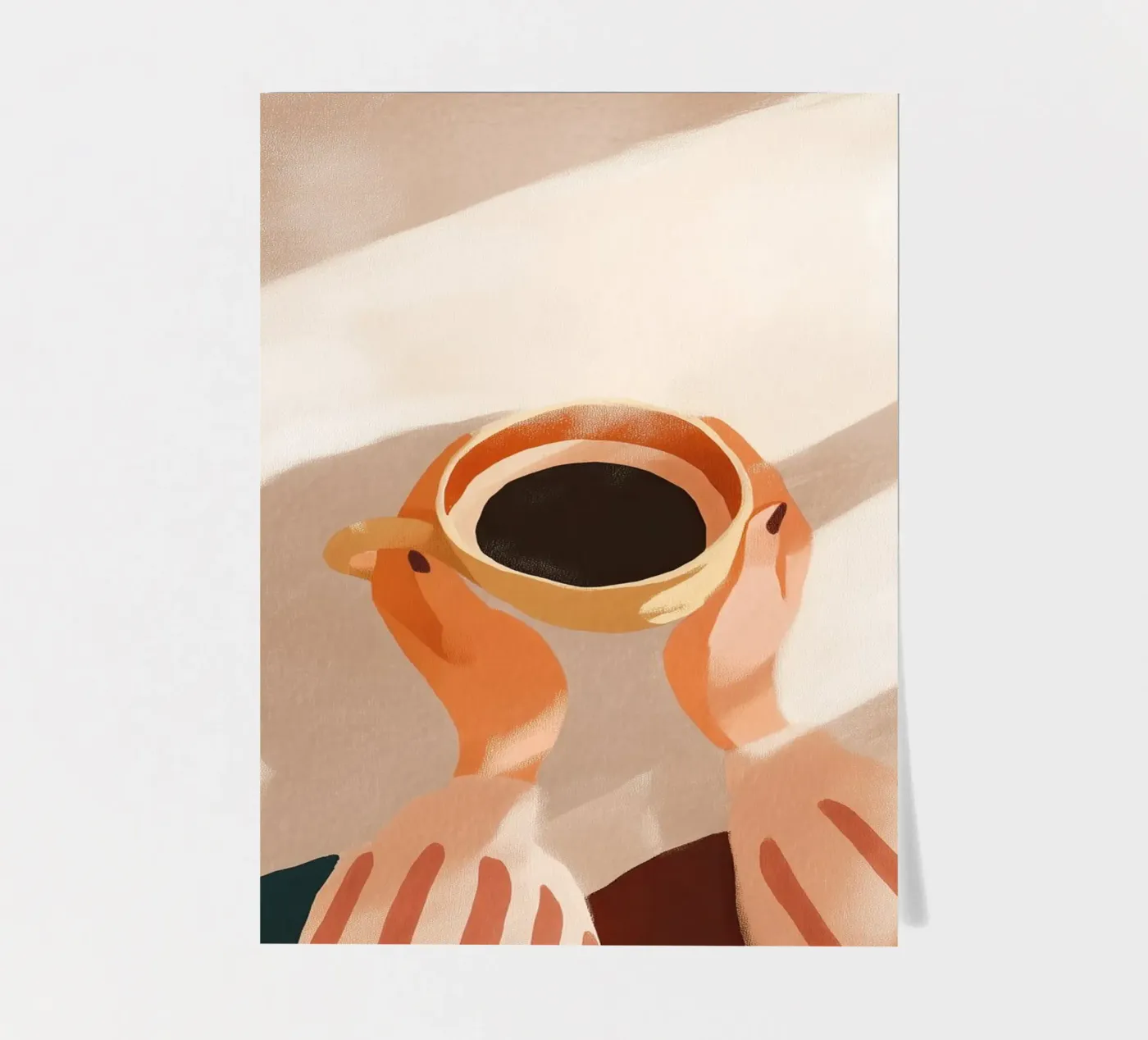 Rituale del caffè mattutino: mani artistiche che reggono una tazza in una luce soffusa foglio adesivo da Holiday Hearth Prints