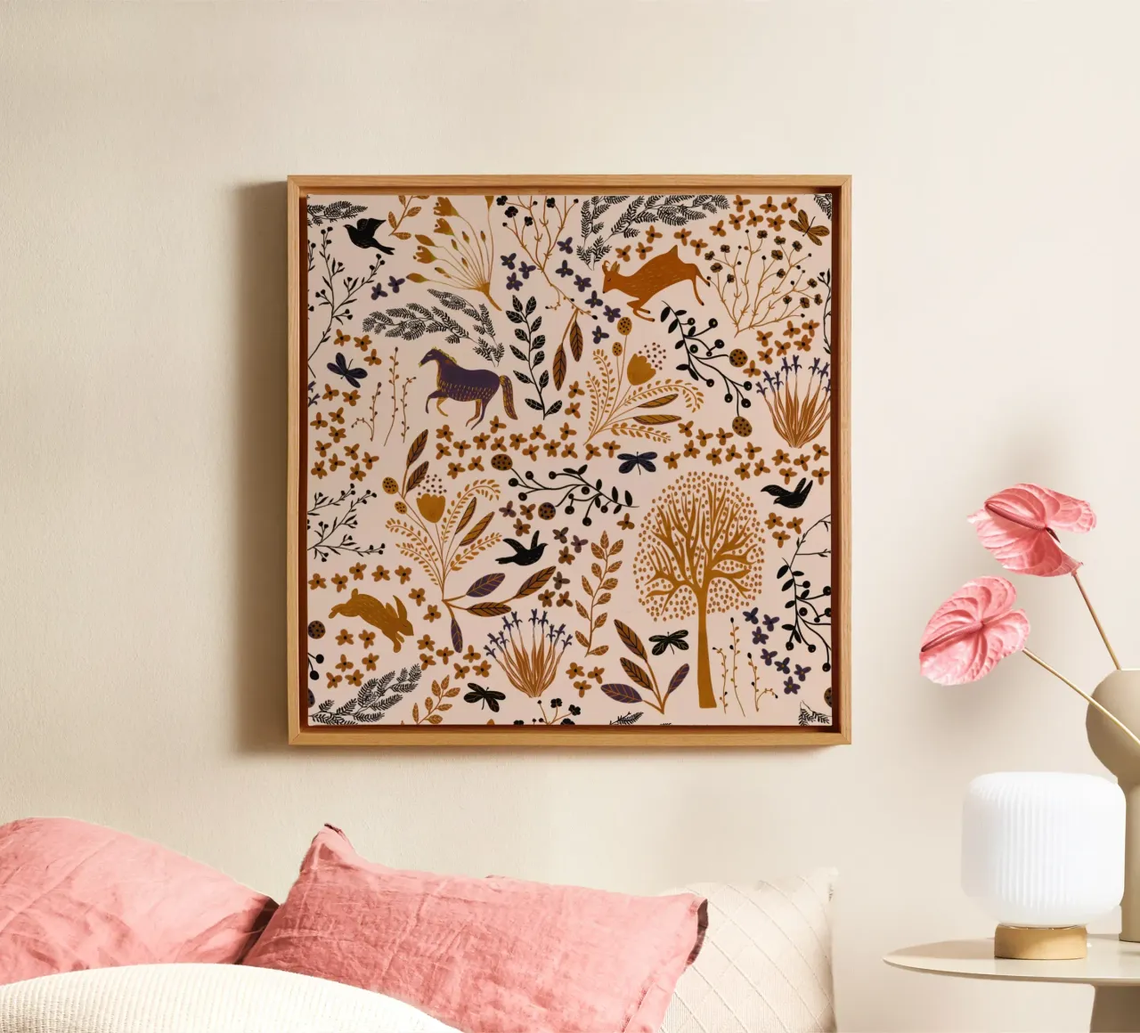 Whimsical Countryside: Horses, Goats & Rabbits in Earth Tone canvas with Floater frame by Studio Patruschka