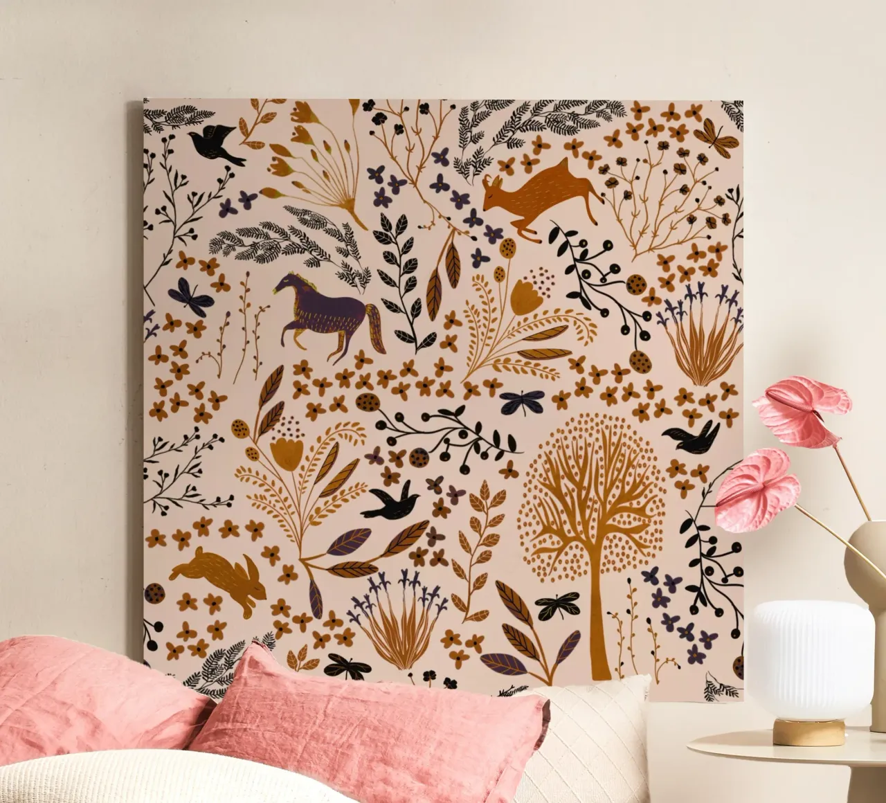 Whimsical Countryside: Horses, Goats & Rabbits in Earth Tone canvas with Floater frame by Studio Patruschka