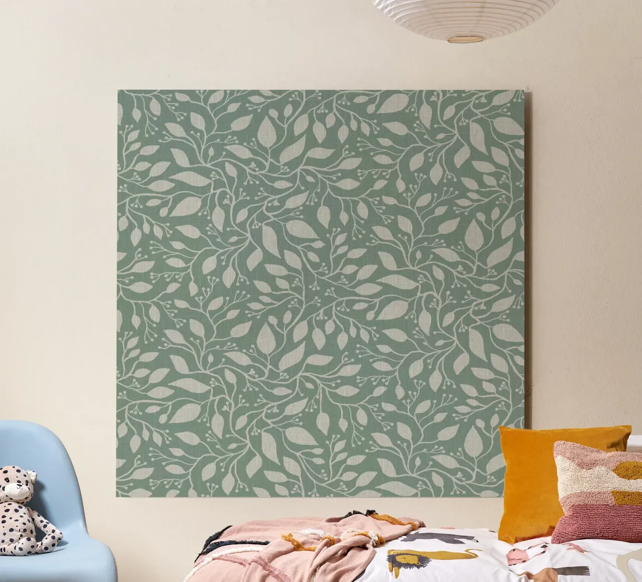 Mint and Beige Leaves with Linen Texture: Elegant Nature alluminio dibond da Studio Patruschka
