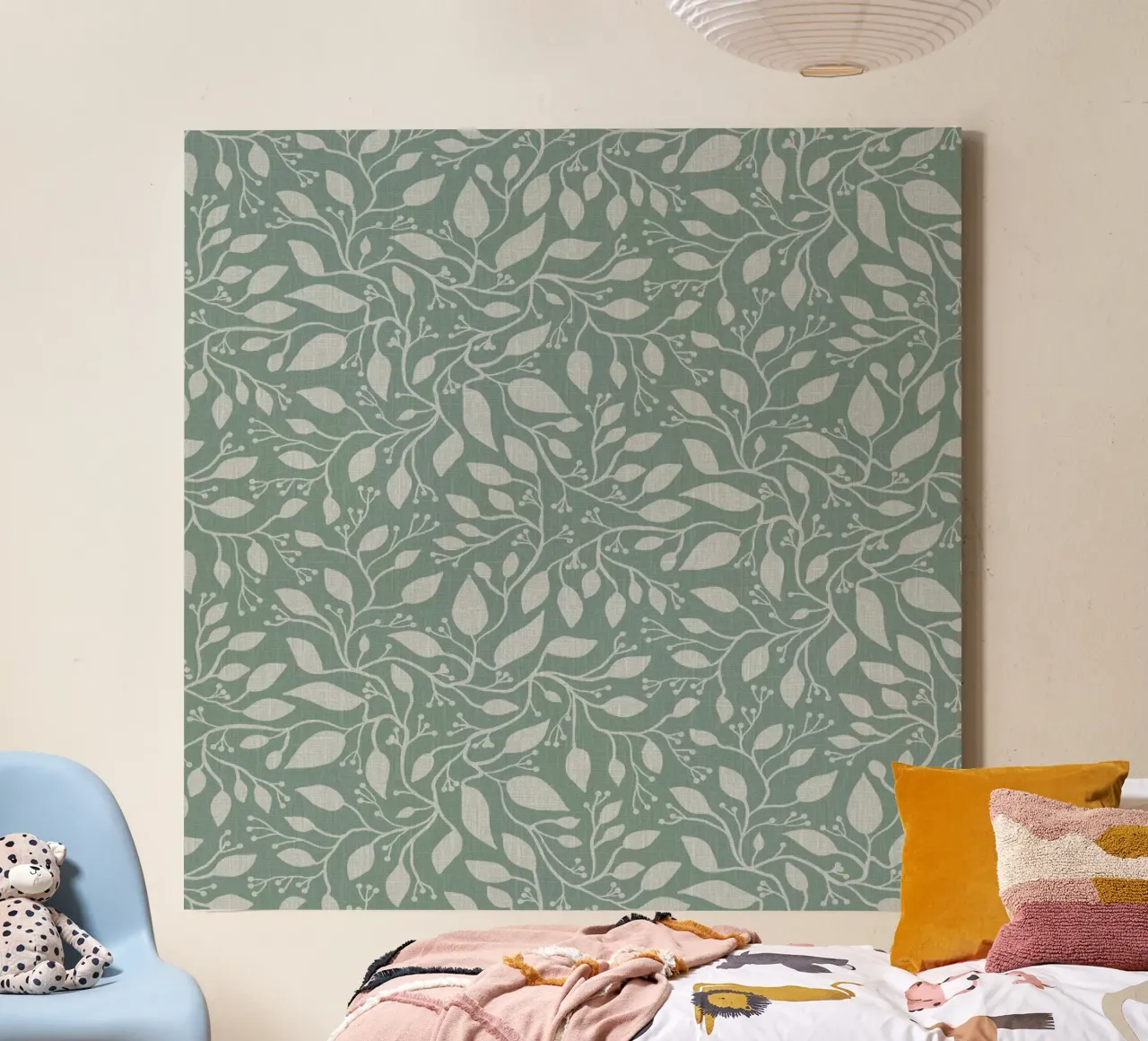 Mint and Beige Leaves with Linen Texture: Elegant Nature canvas by Studio Patruschka