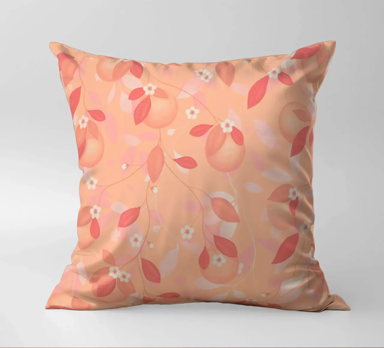 Peach and Orange Pattern: Pantone Palette with Leaves cuscino da Studio Patruschka