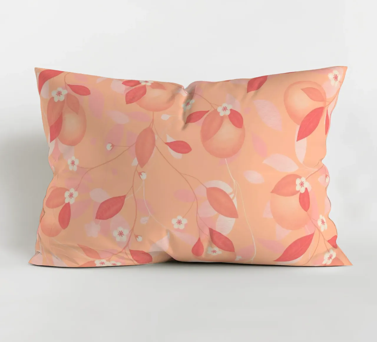Peach and Orange Pattern: Pantone Palette with Leaves cuscino da Studio Patruschka