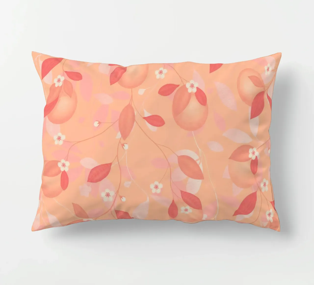 Peach and Orange Pattern: Pantone Palette with Leaves cuscino da Studio Patruschka