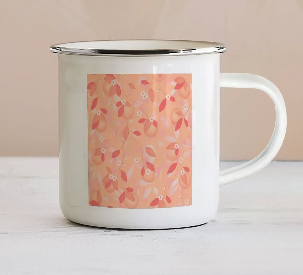 Peach and Orange Pattern: Pantone Palette with Leaves taza de esmalte de Studio Patruschka