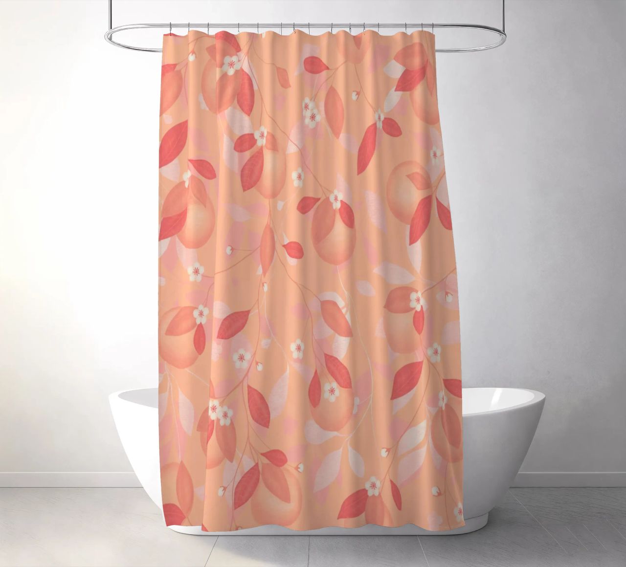 Peach and Orange Pattern: Pantone Palette with Leaves tenda da doccia da Studio Patruschka