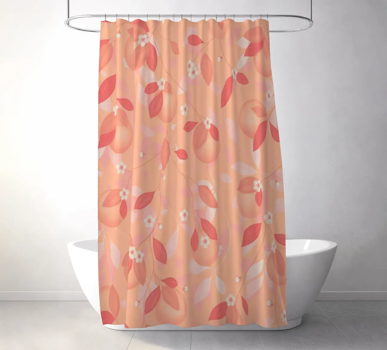 Peach and Orange Pattern: Pantone Palette with Leaves tenda da doccia da Studio Patruschka