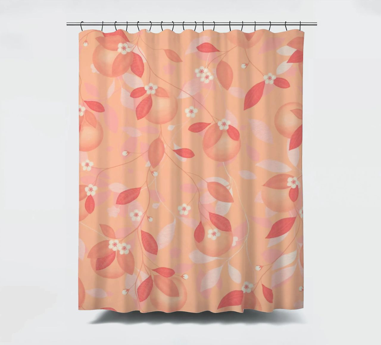 Peach and Orange Pattern: Pantone Palette with Leaves tenda da doccia da Studio Patruschka