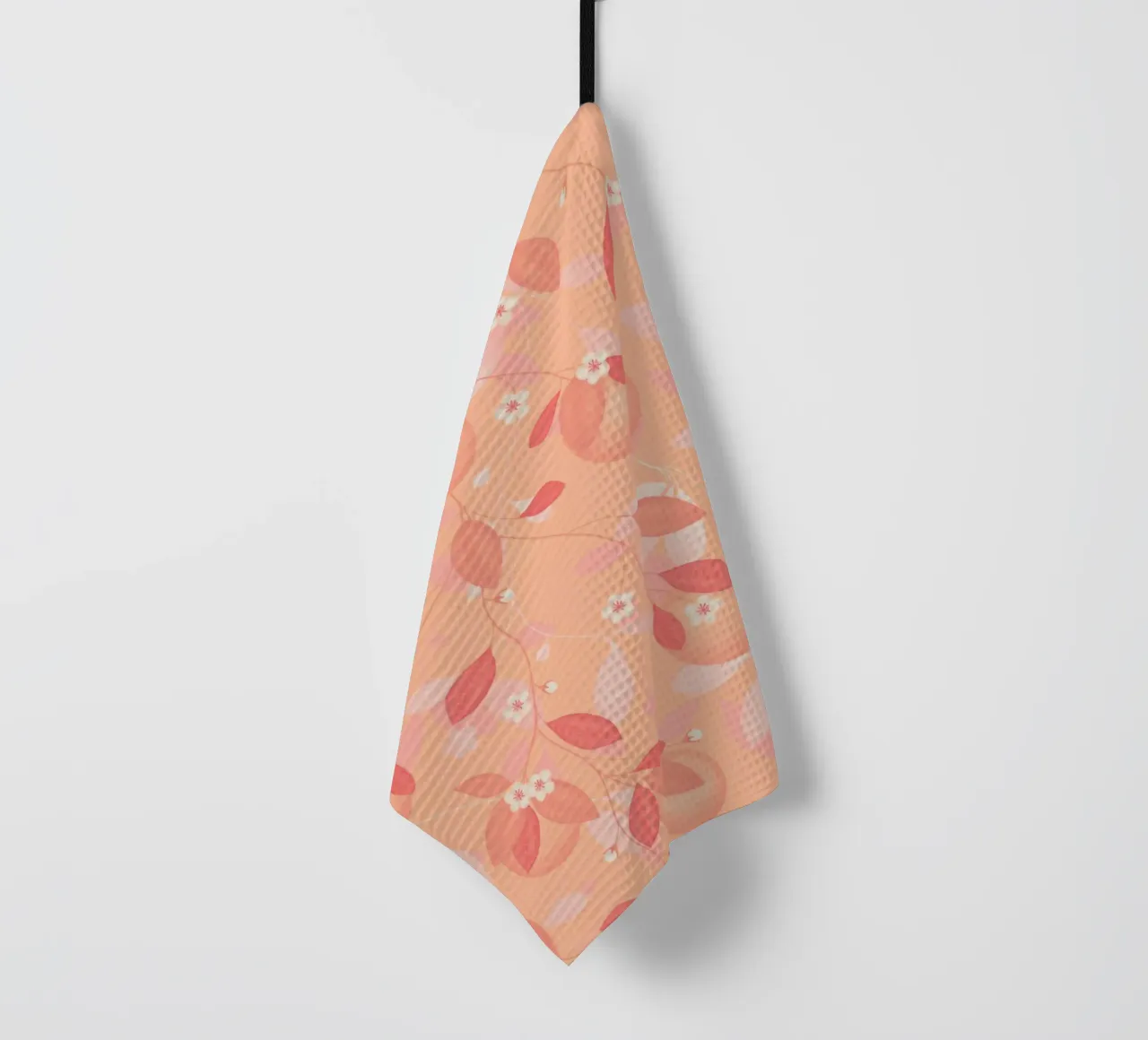 Peach and Orange Pattern: Pantone Palette with Leaves paño de cocina de Studio Patruschka