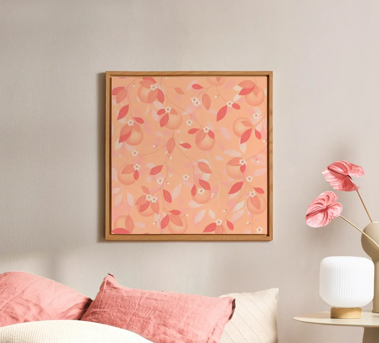 Peach and Orange Pattern: Pantone Palette with Leaves pannello forex da Studio Patruschka