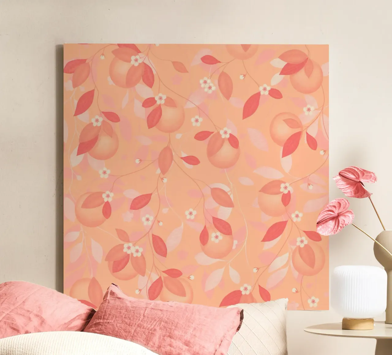 Peach and Orange Pattern: Pantone Palette with Leaves tela da Studio Patruschka