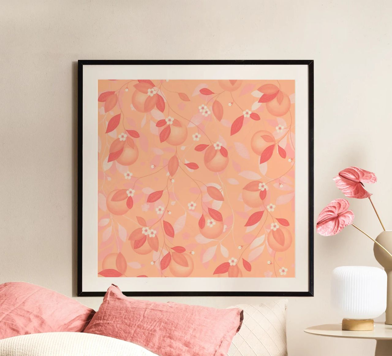 Peach and Orange Pattern: Pantone Palette with Leaves poster da Studio Patruschka
